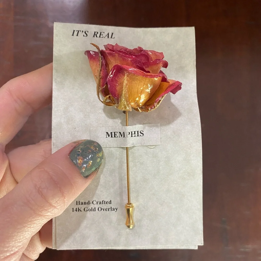 Vintage Handmade Real Rose Stick Pin 14K Gold Overlay Puspa-Danaya